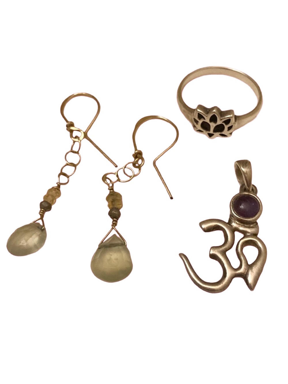 Amethyst Sterling Silver Lotus Flower Ring, Om Pendant & Green Crystal Earrings